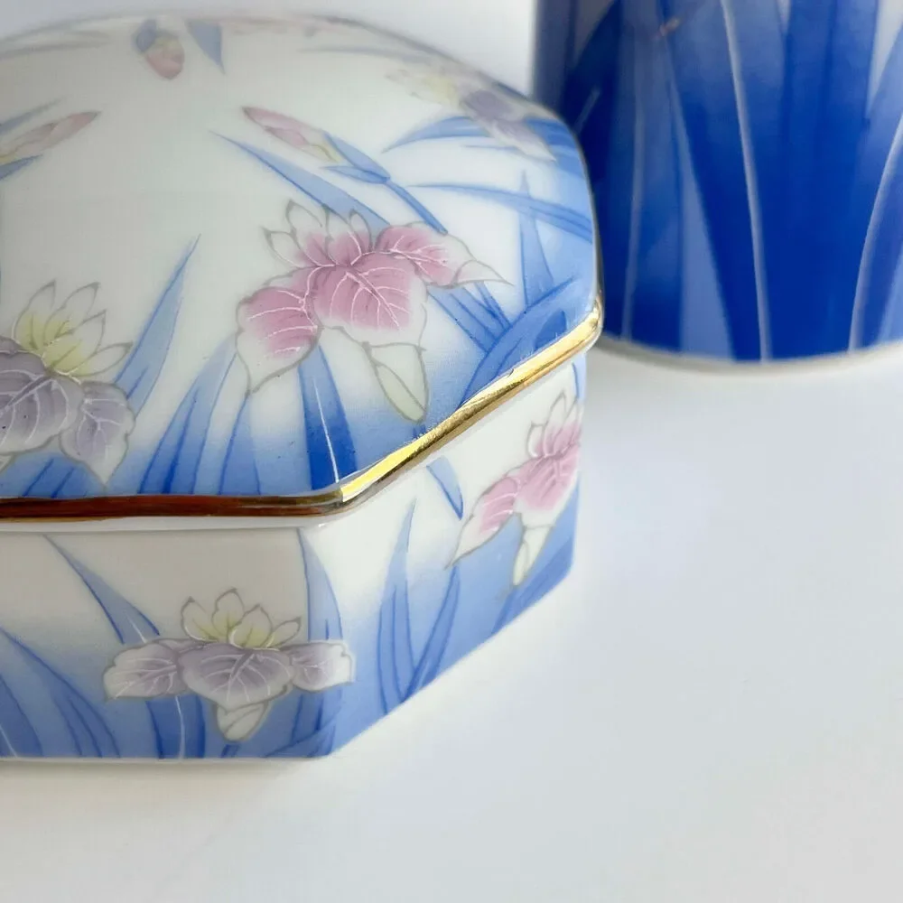VTG Porcelain Ceramic Vase & Lidded Dish Kozan Gama Otagiri Japan Iris Floral